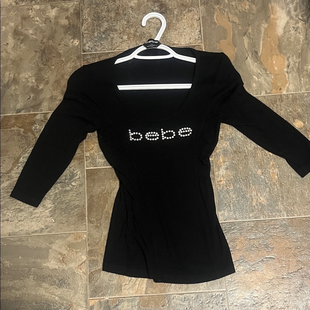BEBE BLACK RHINESTONE LOGO SHIRT